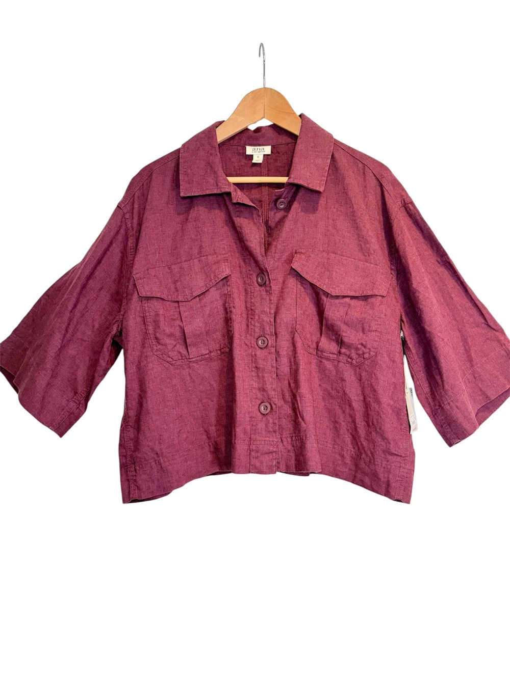 A.N.A Linen Cropped Button Front Blouse XL Womans Short Sleeve Burgundy